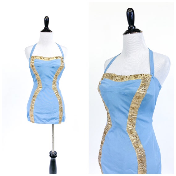 Bombshell! Vintage 1950s Blue Gold Hourglass Strap