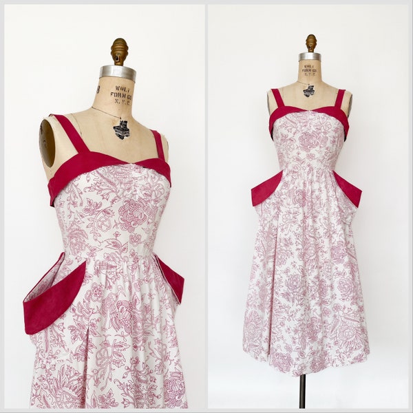 Vintage 1940s 40s Jacobean Floral Print Full Skirt Sun Dress Bolero Jacket XS S