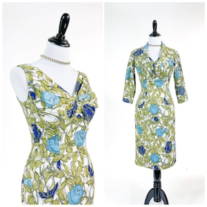 Bombshell! Vintage 1950s Blue Rose Print Wiggle Pencil Dress Bolero S
