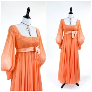 Pretty! Vintage 1970s Floaty Peach Silk Chiffon Empire Waist Balloon Sleeve Dress M L
