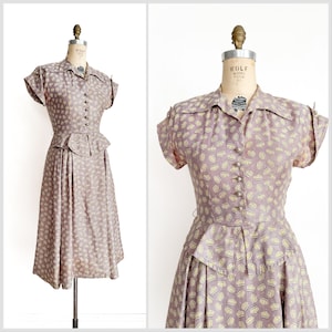 Vintage 1940s 50s Novelty Print Crowns Full Skirt Silky Twill Dress M
