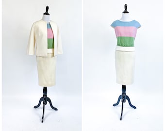 Color Block! Vintage 1960s 60s Lilli Ann Pastel Wool Knit Pencil Skirt Suit XS S