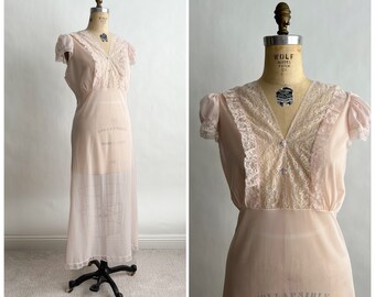 Volup! Vintage 1950s Sheer Pink Nylon Lace Nightgown Slip XL