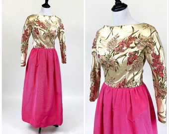 Rare! Vintage 1960s Designer Sarmi Embroidered Satin Dress Gown M