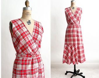 Sweet Vintage 1930s Red Plaid Cotton Wrap House Day Dress M