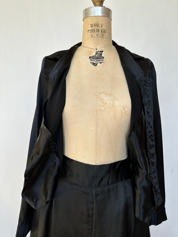 Vampy! Vintage 1930s Black Satin Pajama Set Wide … - image 5