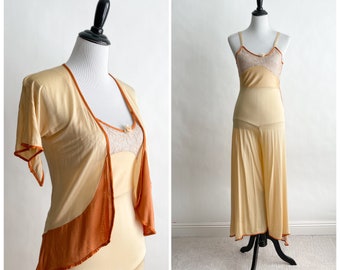 Killer! Vintage 1920s Silk Jersey Jumpsuit Loungewear Set Beach Pajamas M
