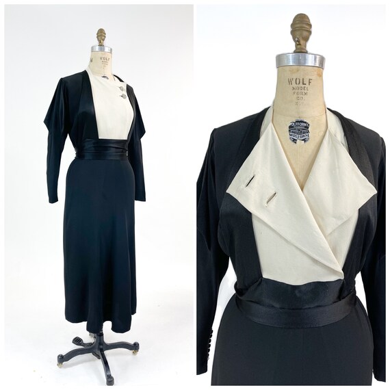Luxe! Vintage 1930s Tuxedo Crepe Satin Bib Dietric