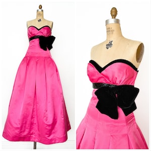 Vintage 1980s 90s Shocking Pink Silk Velvet Bow Strapless Gown Party Dress Ann Lawrence S