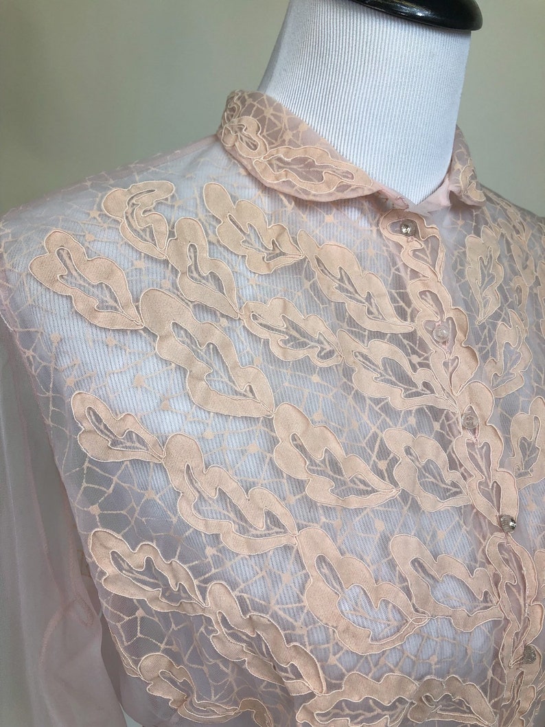 Spiderwebs Vintage 1940s Sheer Pink Flocked Nylon Blouse M L