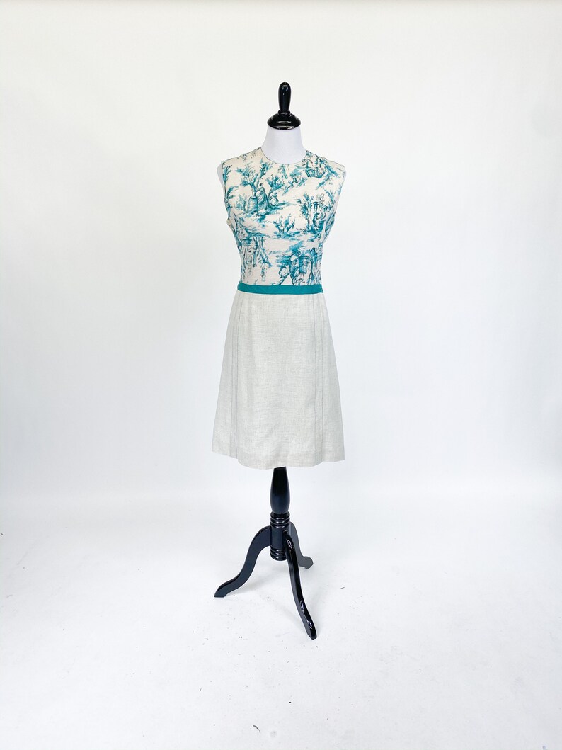 Chic Vintage 1960s Linen Novelty Colonial Print Dress /& Jacket Set M