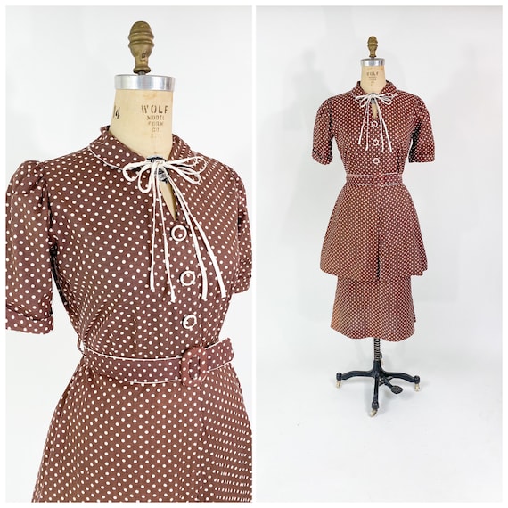 Rare! Vintage 1930s Brown Polkadot Peplum Tunic Mo