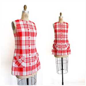Chaleco túnica de cuadros de lana rojo y blanco vintage de los años 70 Bobbie Brooks S