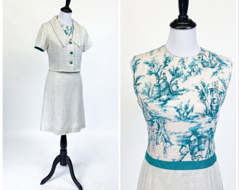 Chic! Vintage 1960s Linen Novelty Colonial Print Dress & Jacket Set M