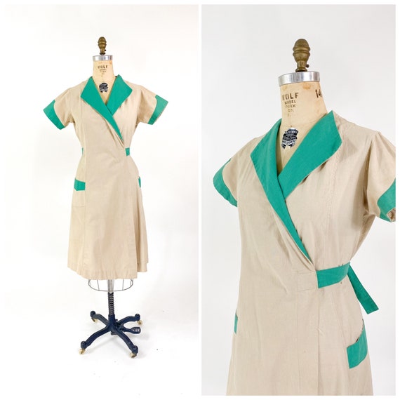 Rare! Vintage 1940s Cotton Factory Work Wrap Dress