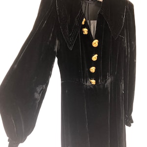 Best! VTG 1930s Rayon Velvet Dress Large Gold Knot Buttons S