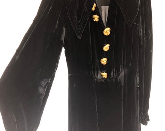 Beste! VTG jaren 1930 rayon fluwelen jurk grote gouden knoop knopen S