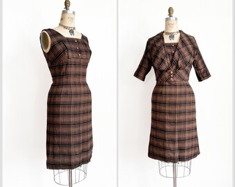 Vintage 1950s Bronze Plaid Wiggle Dress & Jacket Dress Set M L