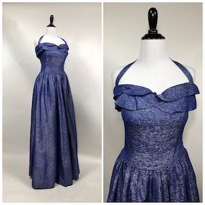 ¡Impresionante! Vintage 1950s medianoche azul y plata metálica sin tirantes halter vestido de noche S M