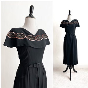 Glam! Vintage 1940s Sequin Peplum Cocktail Dress Cape Collar XS S