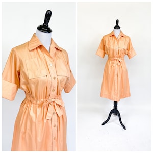 Sherbert! Vintage 1960s Pale Orange Cinch Waist Shirtwaist Dress M