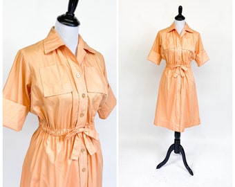 Sherbert! Vintage 1960s Pale Orange Cinch Waist Shirtwaist Dress M