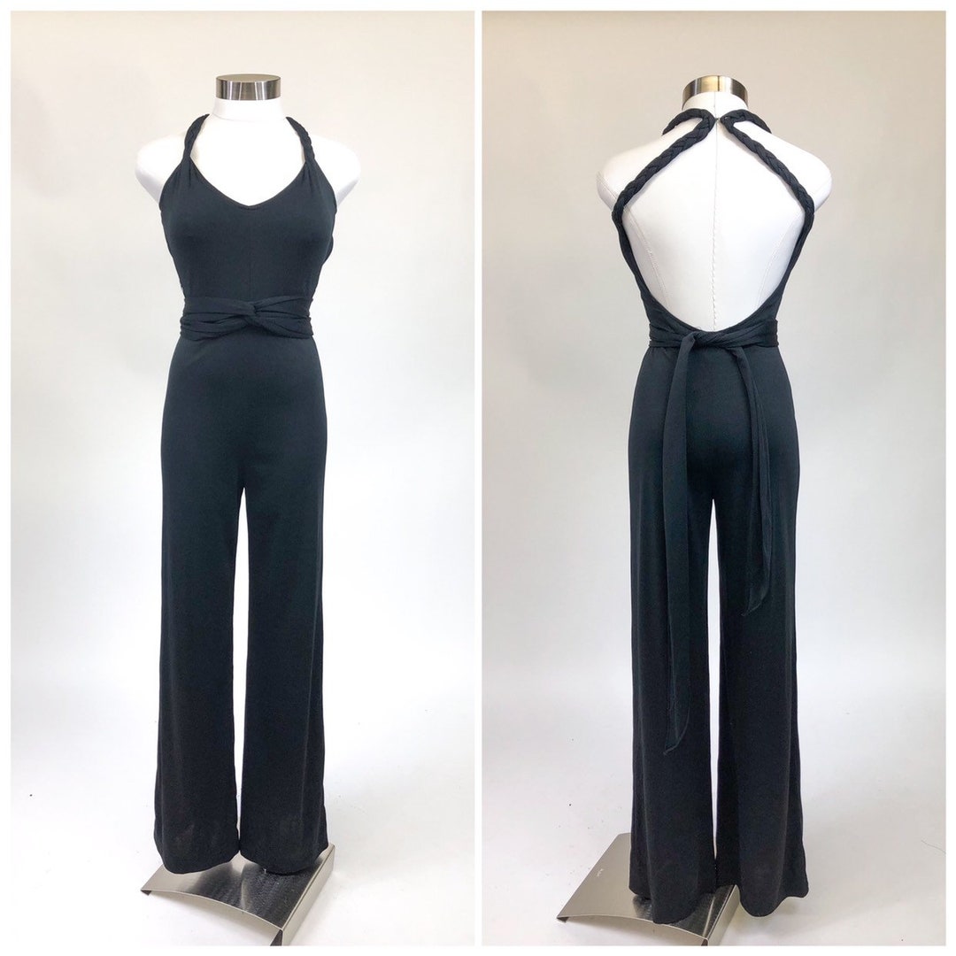 Early 1980s Giorgio Sant' Angelo Black Plunge Jersey Jumpsuit w Balloon Bottoms & Bare Back
