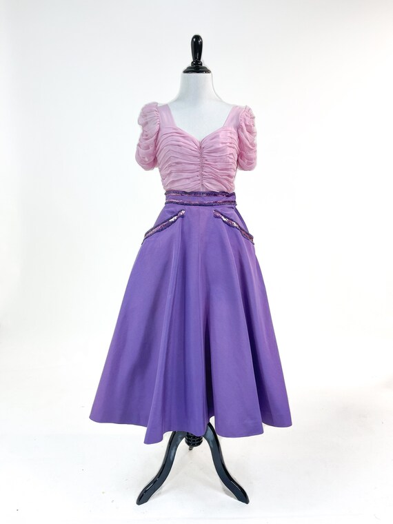 Wow! Vintage 1940s Rose Barrack Ruched Silk Sequi… - image 3