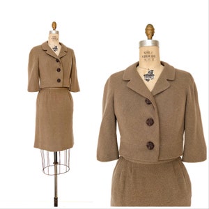 Vintage 1950s 60s Adele Simpson Wool Crepe Pencil Skirt Suit Cropped Jacket XS S