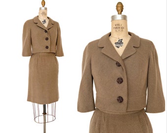 Vintage 1950er 60er Jahre Adele Simpson Wollkrepp Bleistiftrock Anzug Cropped Jacke XS S