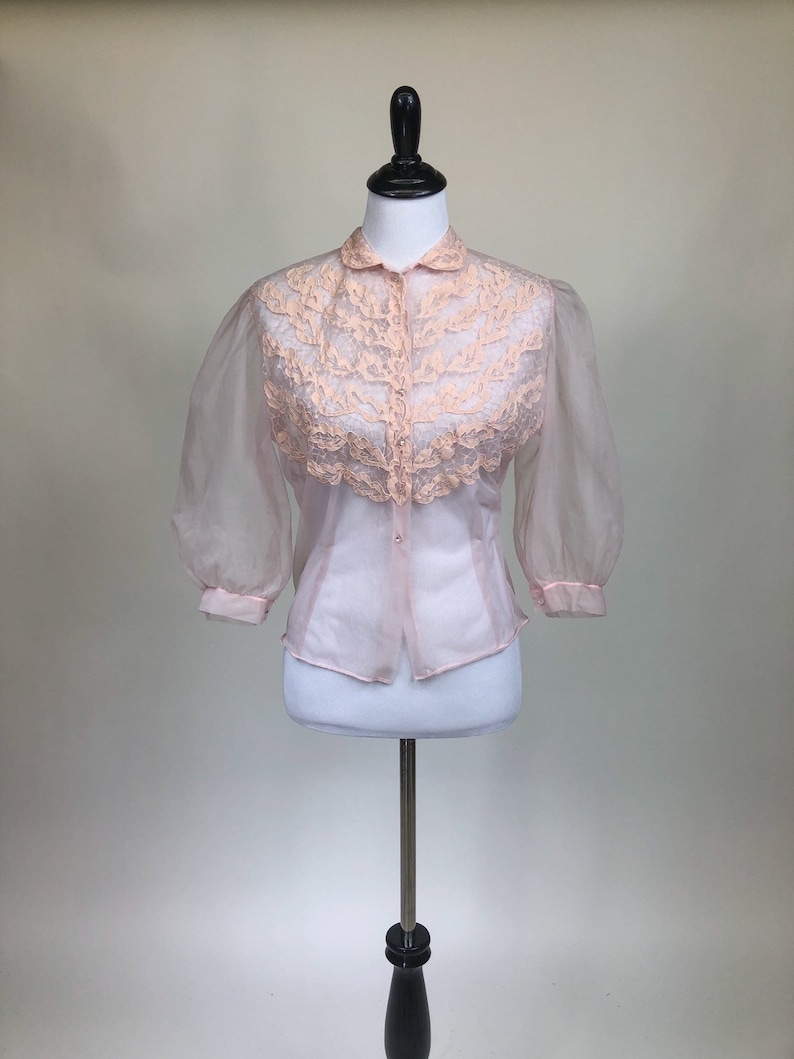 Spiderwebs Vintage 1940s Sheer Pink Flocked Nylon Blouse M L
