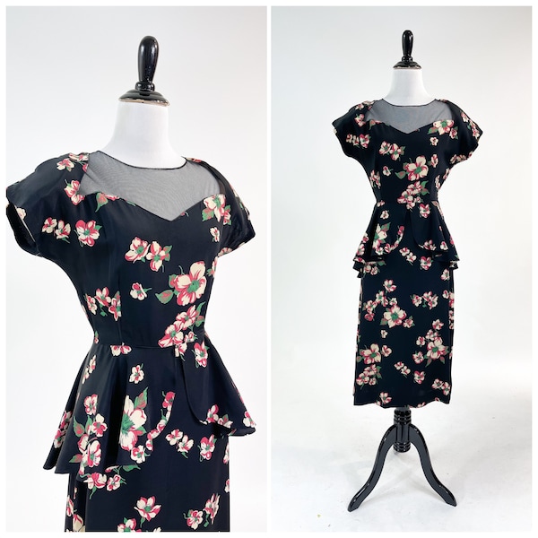 Flirty! Vintage 1940s 40s Tropical Floral Rayon Sweetheart Peplum Dress S