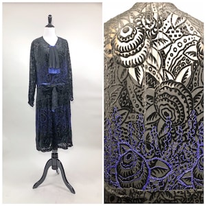 Incredible! Vintage 1920s Burnout Silk Devore Dress Sapphire Glass Beads S M