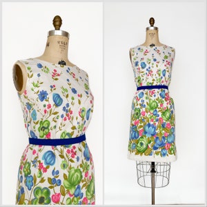 Vintage 1960s Bright Floral Screen Print Shift Dress Springtime Japan S M