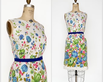 Vintage 1960s Bright Floral Screen Print Shift Dress Springtime Japan S M