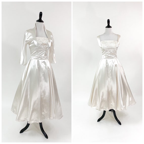 Glam! Vintage 1950s Satin Full Skirt Wedding Dress