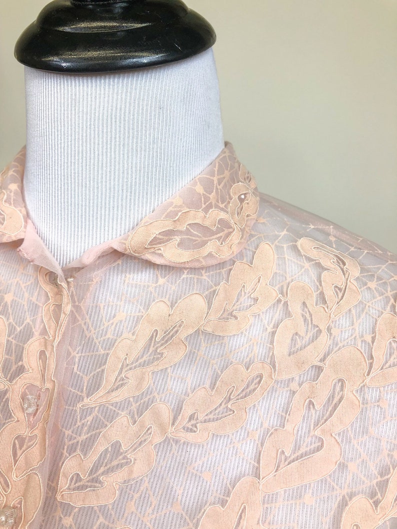 Spiderwebs Vintage 1940s Sheer Pink Flocked Nylon Blouse M L