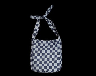 Checkered Denim Tsuno Bag - Tote Bag - Adjustable Strap Bag - Denim Bag - Denim Tote Bag