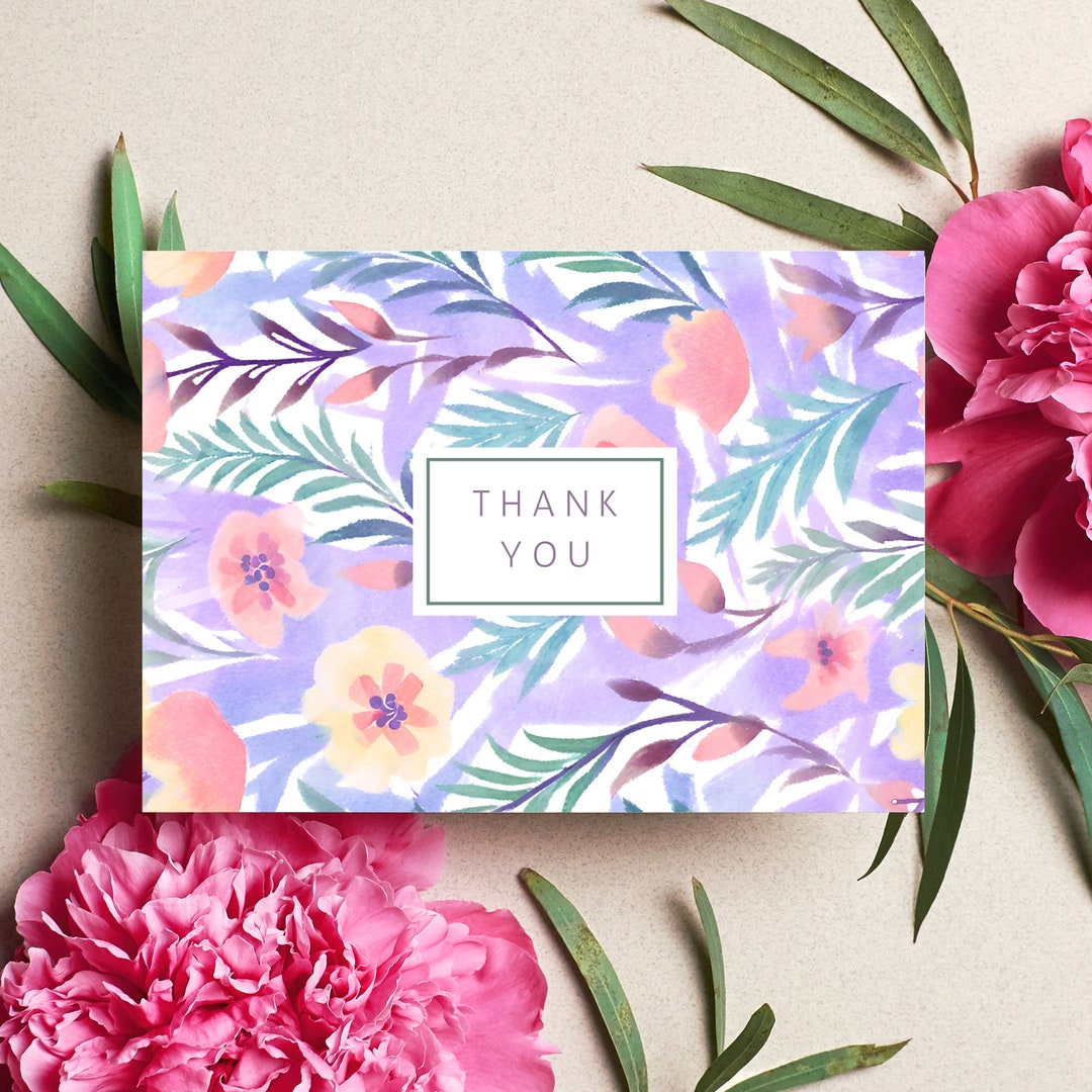 Simple Colorful Floral Thank You Card Set Pink and Purple Thank You ...