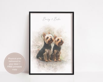 Custom Pet Portrait Watercolour – Personalised Dog or Multi-Pet Print, Name, Date or Message, Archival Matte Art Paper, Gift for Dog Lovers