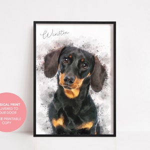 May include: A watercolour painting of a black and tan dachshund dog with the name "Winston" written in cursive above the dog.