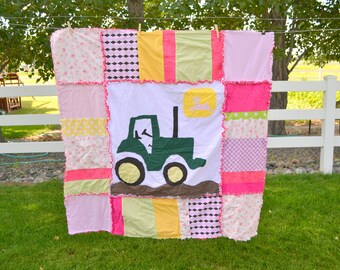 Tractor Blanket Panel Quilt Patterns PDF, Easy to Make Scrappy Quilt with Raw Edge Applique