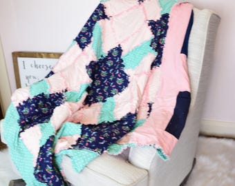 Handmade Rag - Baby Girl Quilt - Pink, Mint, Navy Floral - Crib, Toddler, Throw Quilt