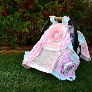 Baby Girl Car Seat Canopy Pattern PDF | 3D Flower Applique Rag Quilt Cover Sewing Tutorial | Modern Scrappy Beginner Download