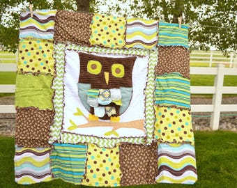 Owl Baby Quilt, Patchwork Rag Quilt, Green Brown Yellow, Handmade Crib Blanket