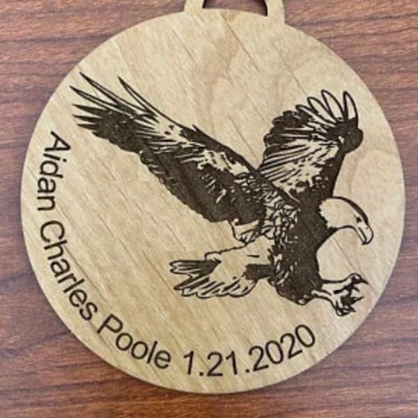 Eagle Personalized Christmas Ornament. Celebrate a great achievement. Court of Honor gift or holiday gift.