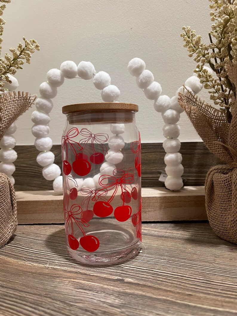 Cherry Bow Glass Cup Glass Tumbler Valentine Gift Iced Coffee Glass