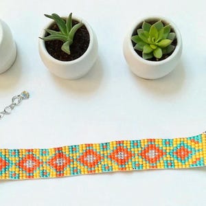 Handwoven Seed Bead Loom Bracelet-Geometric Design Triangle & Square Beaded Bracelet