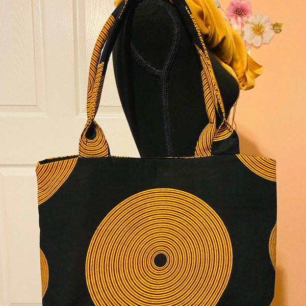 Asha Collection of Ankara Handbags: Black and Gold Tote Bag