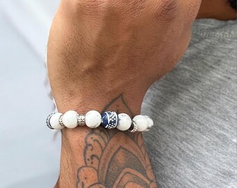 Men's Beaded Bracelet-Men's Stretch Beaded Bracelet-Natural Stone Men's Bracelet-Gift for Him- Men's Howlite Beaded Bracelet
